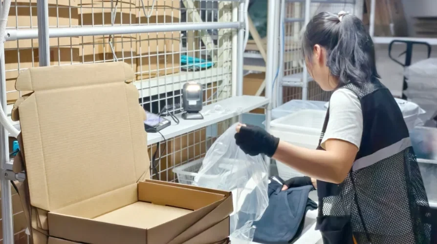 Protective material being prepared beside an open carton