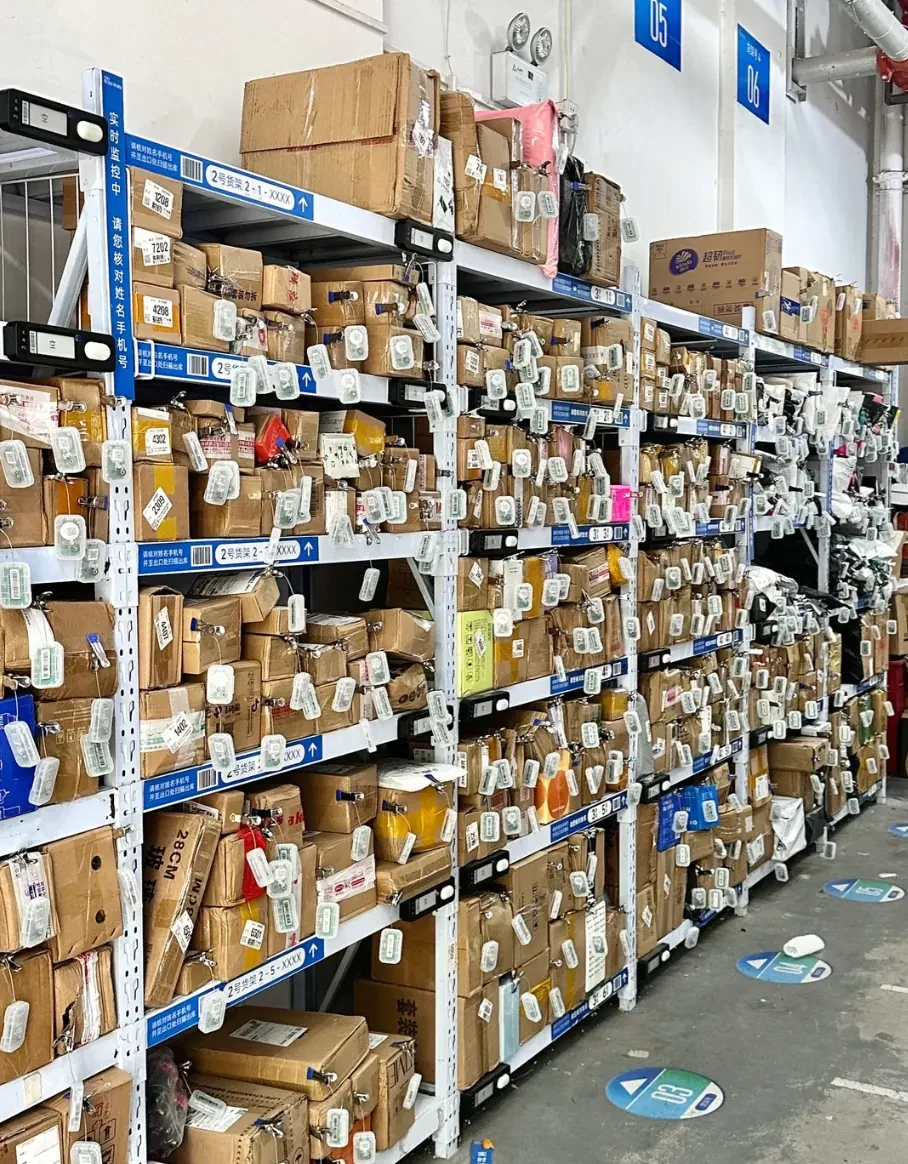 Mixed cartons and products stored on warehouse shelves