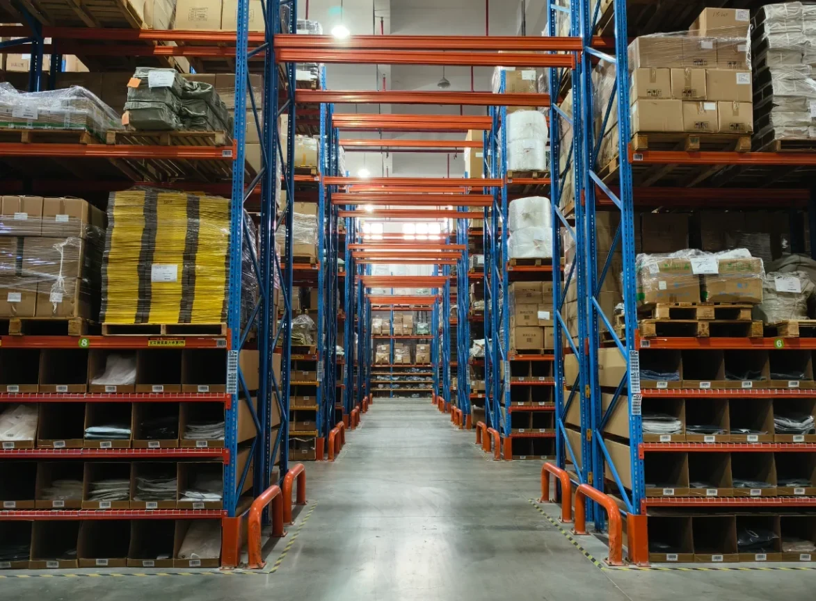 An aisle of warehouse stock racks