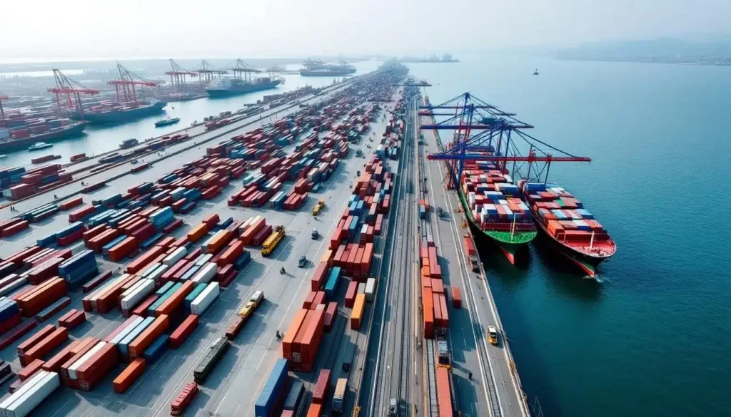 A high-angle aerial view of a massive container port with rows of colorful shipping containers, gantry cranes, and cargo ships docked along the waterfront.
